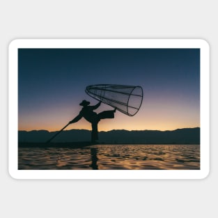 Silhouette of Traditional Fisherman on Lake Inle, Myanmar Sticker